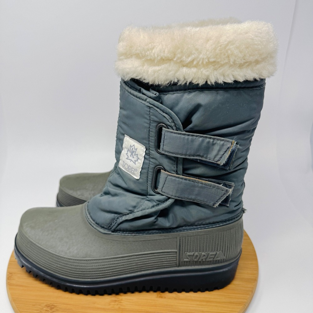 Sorel Kaufman Vintage Made in Canada Winter Boots Grey Faux Fur Trim Women 7